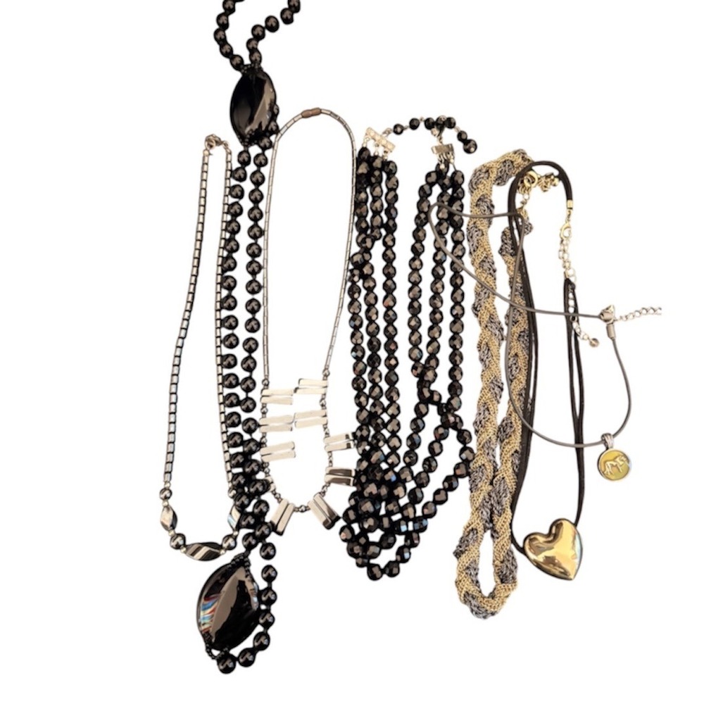 Vintage & Modern Necklace Lot 7pc Black Beads Gold Tone Heart Lion Mixed Metal